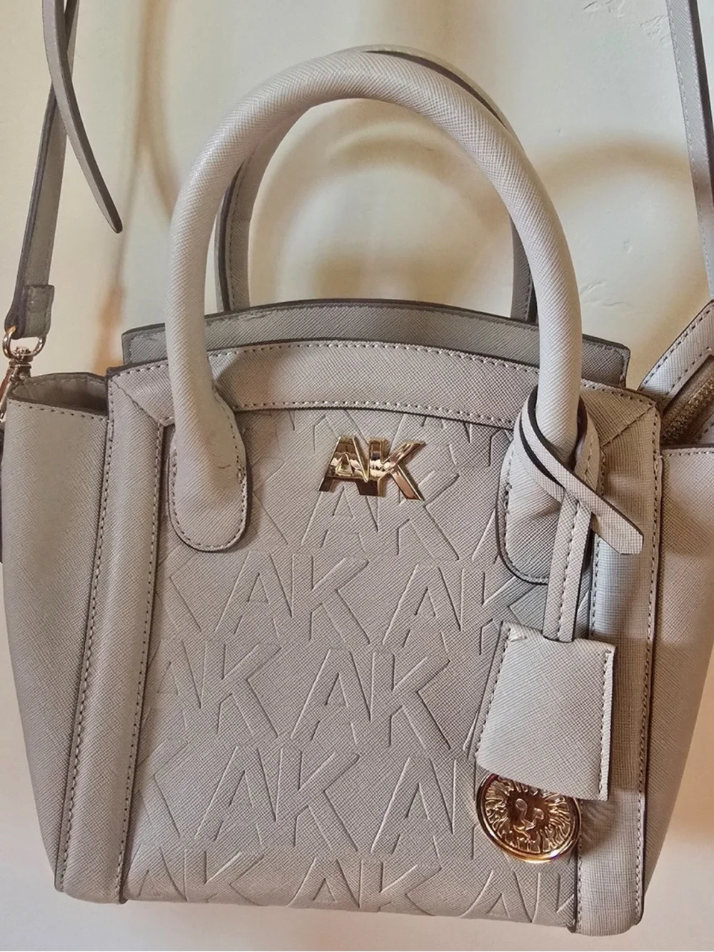 Anne Klein Light Tan Logo-Embossed Satchel with Gold Hardware